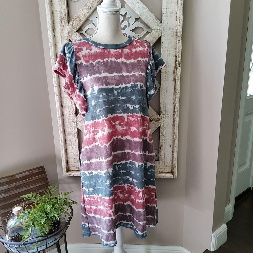 Perfect Peach Tie Dye Flutter Sleeve Midi Dress Boho Cottage Casual Pockets M